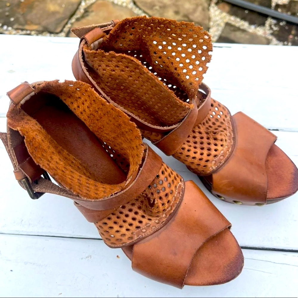 Free People Tan Perforated Leather Open-Toe Mules